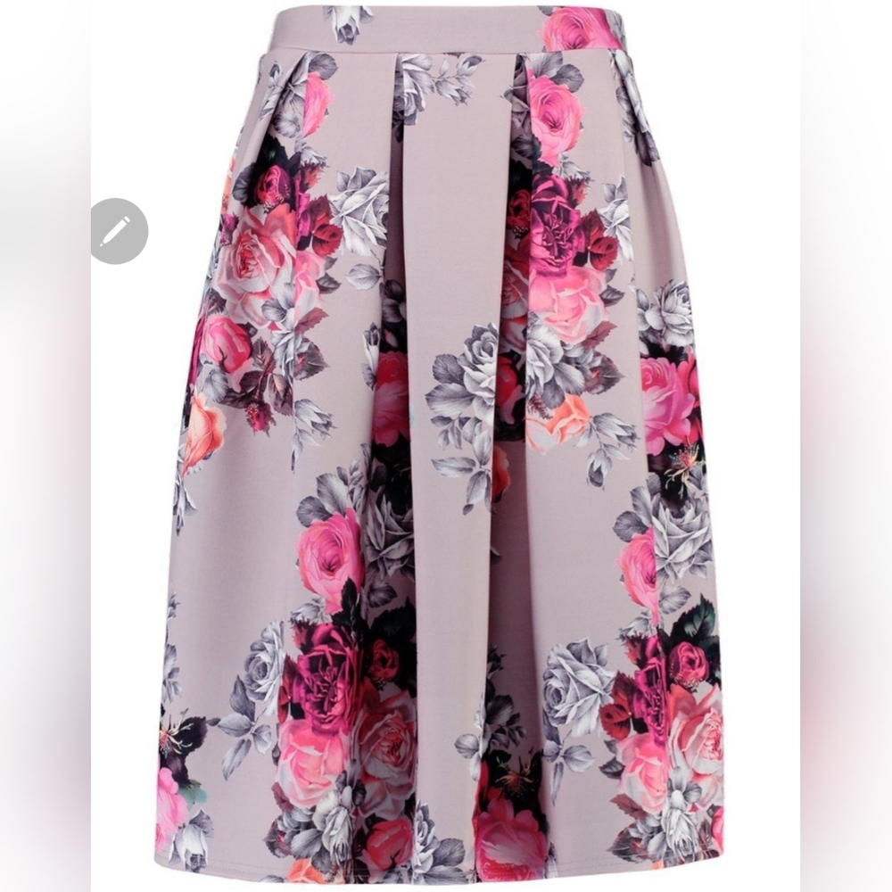 BOOHOO FLORAL PRINT SCUBA MIDI SKIRT